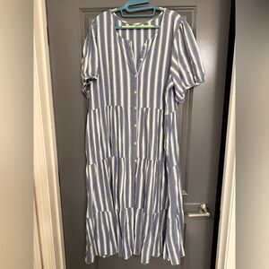 Old Navy Blue and White Striped Tiered Midi Dress